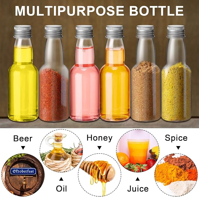 120 Pcs Mini Liquor Bottles Airtight Shot Miniature Empty Plastic Alcohol Spirit Shot Bottles with Funnels for Party Favors, Weddings(2 oz,Silver)