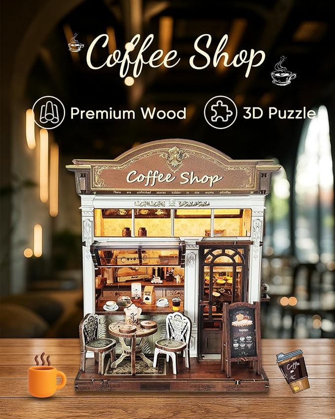 DIY Miniature House Kit – Mini Dollhouse Kit with LED for Beginners Adults, Book Nook Model Building Craft Diorama Kits Ideal Christmas Birthday (Coffee Shop)