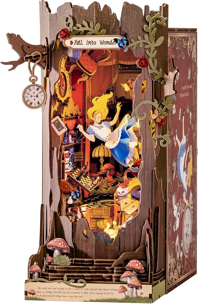 Rolife Book Nook Kit Fall into Wonder DIY Miniature Kit, 9.9" Tree Hollow Booknook 3D Wooden Puzzle with LEDs Fairy Tale Bookshelf Decor Gift for Adults Women Men