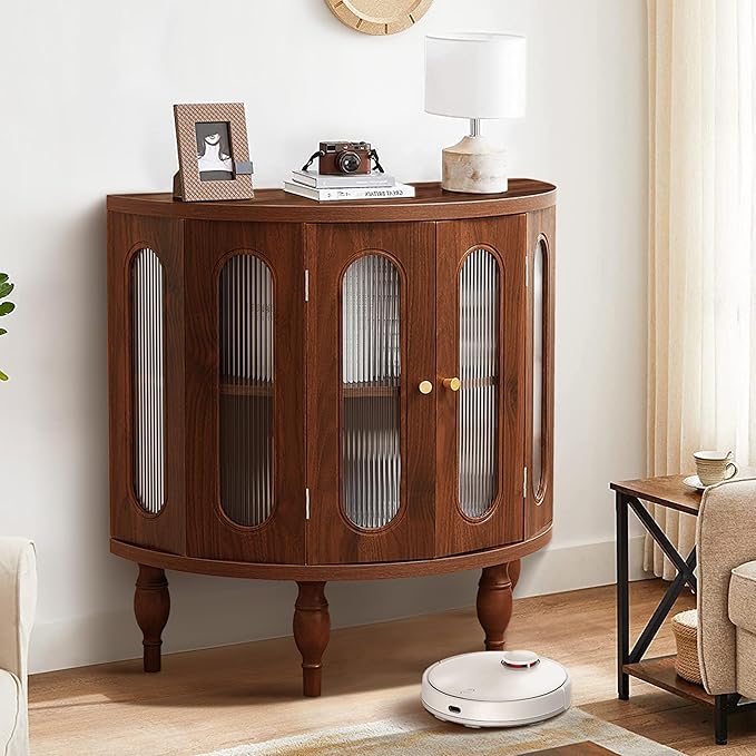 31'' Sideboard Buffer Cabinet with Storage, Semi-Circle Modern Accent Storage Cabinet with Wooden Finish & Acrylic Doors, Console Table for Living Room Entryway Hallway (Walnut)