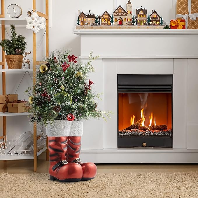 Casafield Santa Boots Decoration with Holiday Greenery, 40" Pre-Lit Hand-Painted Outdoor Christmas Decor