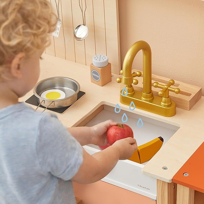 Pillowhale 2-in-1 Wooden Play Kitchen with Storage Rack, Kids Pretend Cooking Set w/Sink, Stove, Microwave & 8 Accessories, Montessori Toddler Kitchen Toy Gift for Boys & Girls Age 3+ (Red)