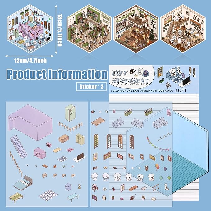 DIY 3D House Stickers, 4 Set Fun DIY Stickers Scene Make Your Own Warm Home, Supermarket, Coffee Shop, Music Bar, Cute 3D Cartoon Scene Sticker for Adult Kids Relief Stress Pass The Time (SY1.0)