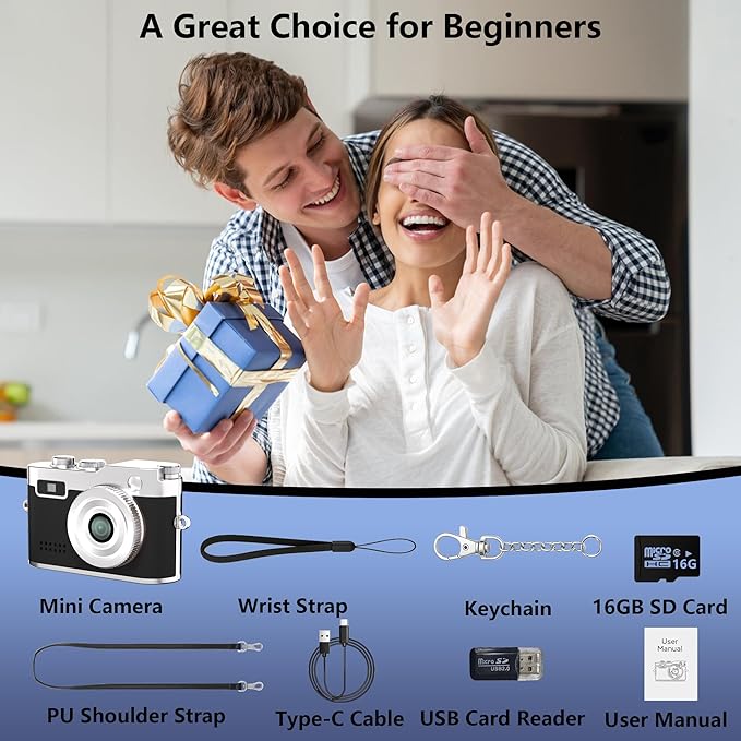 Mini Keychain Camera, 1080P Video Recorder, 0.96'' Display 12MP Retro Compact Tiny with 16GB SD Card, USB Adapt, 200mAh Battery, Lenane Digital Camera for Kids, Students, Travel, Daily (Black)