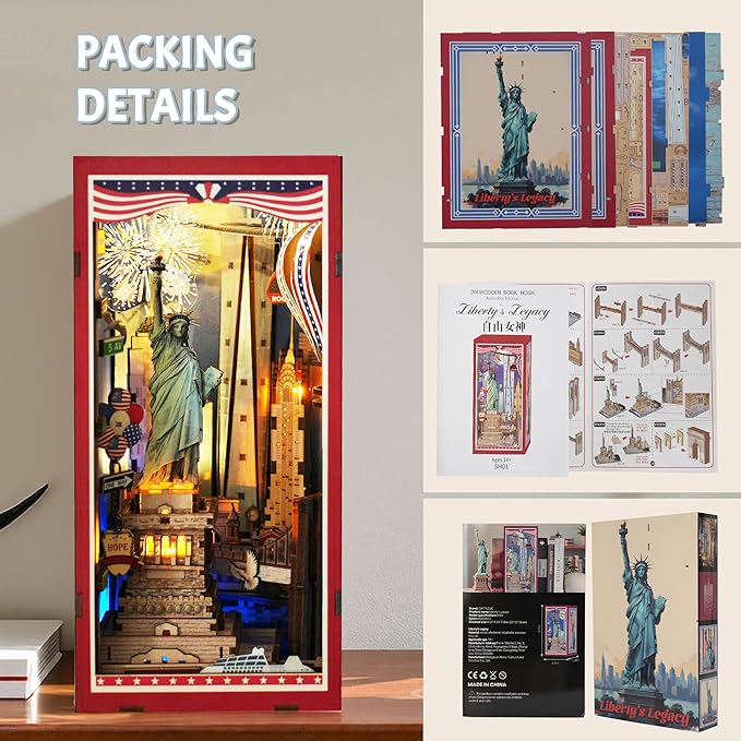 Book Nook Kit, DIY Miniature House Dollhouse Crafts Kit for Adults and Teens, The Statue of Liberty New York Cityline 3D Wooden Puzzle Booknook Build Bookshelf Decor Gifts（Liberty's Legacy）