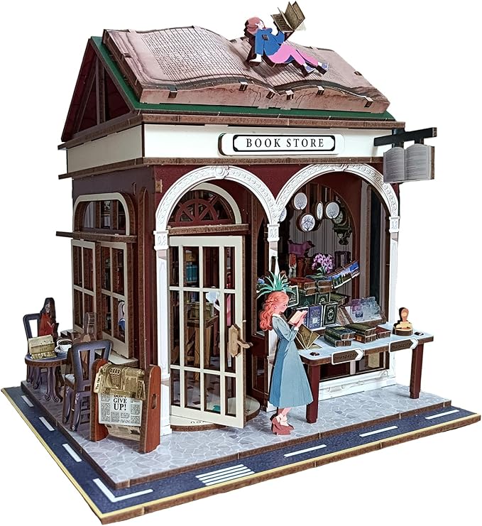 3D Wooden Puzzles Book Nook Kits for Adults Miniature House Building Kits, DIY Tiny Wooden Crafts Model Bookshelf Decor with LED Lights, Gifts for Family, Friends, Christmas(Bookstore)