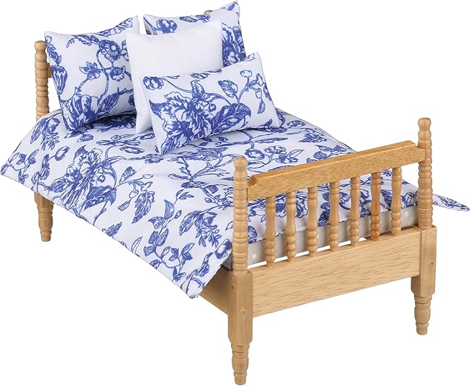Dollhouse Furniture Small Bed Toy Set, Pillow, Realistic Bedroom Accessories for 6 inch Dolls, Wood Frame, 1/12 Scale