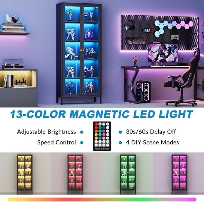 5-Tier Display Cabinet with 13-Color Light, 67" Tall Bookcase Bookshelf with Glass Doors & Adjustable Shelves, Metal Storage Cabinet Display Case for Collectibles Curios Trophies - Black
