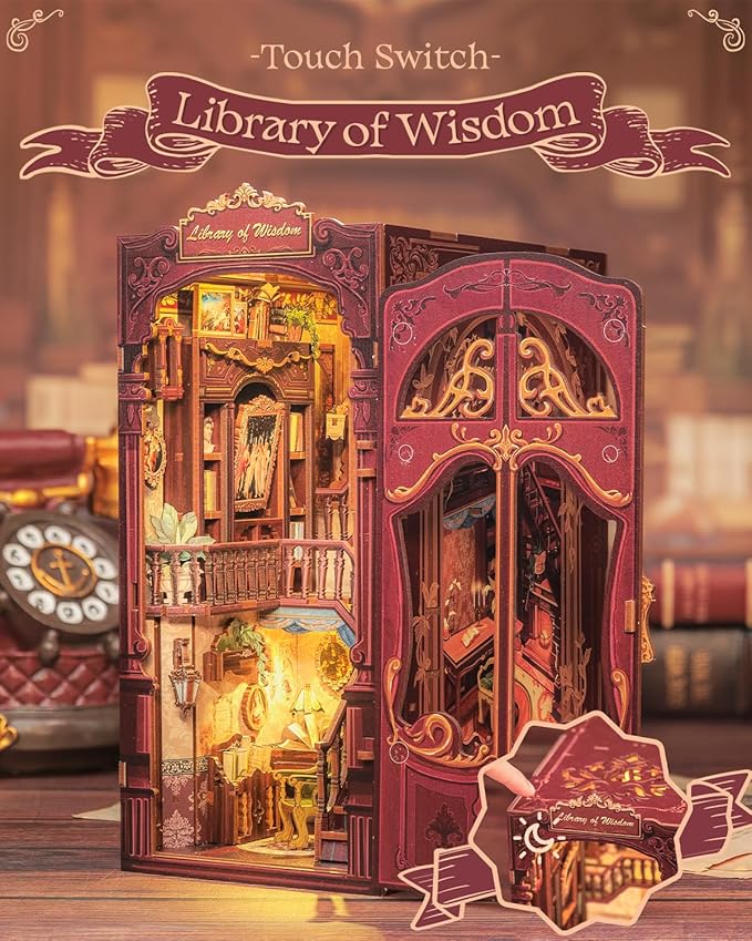 Cutefun Book Nook Kit - DIY Miniature Dollhouse Kit 3D Wooden Puzzle for Adults, Teens, Crafts Gifts for Bookshelf Decor (Library of Wisdom)