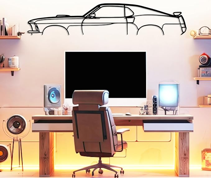 DecoSoul Mustang Metal Car Wall Art, Sports Car, Automotive Silhouette Line Decoration, Minimalist Sculpture for Garage, Indoor Outdoor Wall Hanging, Gift for Boyfriend (Black - 15 x 4.1” inch)