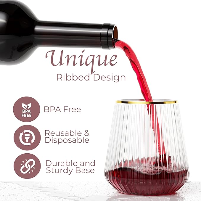 Exquisite 48 Pcs Unbreakable Stemless Plastic Wine Glasses Disposable Wine Glasses Stemless 12 Oz Gold Rimmed Plastic Cups Reusable Clear Party Cups Disposable Cocktail Glass For Weddings & Events
