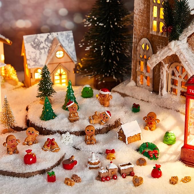 Sawysine 64 Pcs Christmas Miniatures Figurines Santa Xmas Garden Miniature Ornaments Kit Snowman Fairy Resin Ornaments Pine Tree for Garden Accessories(Gingerbread Man)