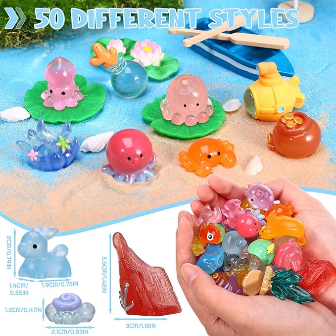 50 Pcs Mini Ocean Resin Animals Figures, Tiny Sea Animals Figurines Marine Miniature Resin Aquarium Ornaments Decorations for DIY Miniature Scenes Dollhouse Decor Fairy Garden Accessories