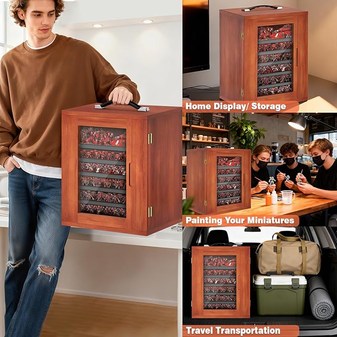 Miniature Storage Case for Collectibles, Miniature Display Cases with Magnetic Door and 6 Trays, Clear View Miniatures Transport Case (Brown)