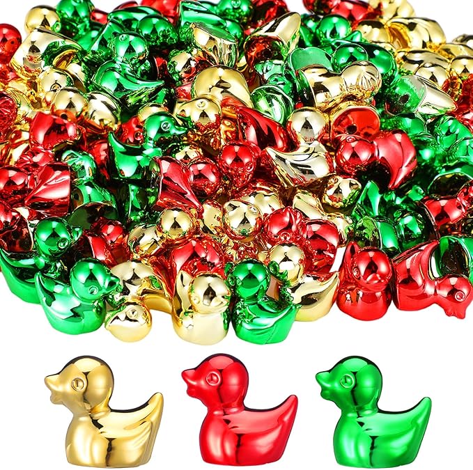100 Pcs Shiny Christmas Mini Duck Figures Colorful Christmas Duck Decor Micro Landscape Aquarium Garden Hide and Seek Decoration Charm for Party Gift(Gold, Red and Green)