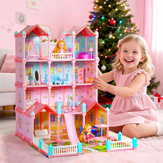 CUTE STONE Huge Dollhouse for Girls, Large Pretend Play Pink Doll House Gift for Kids