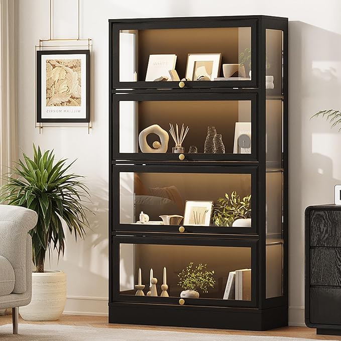 Display Cabinet with Acrylic Glass Doors,4-Tiers Curio Cabinet with LED Lighting for Collectibles, Collectibles Toy Organizers Rack & Display Shelf Display Case Storage Cabinet, Black