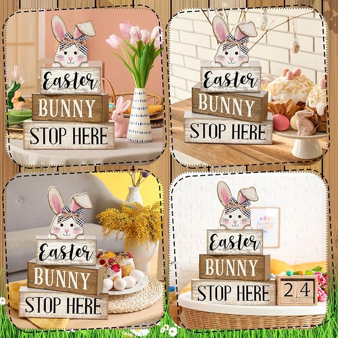 Moucuny 4 Pcs Easter Table Decoration Wooden Rabbit Easter Tiered Tray Decor Cute Bunny Centerpiece Rustic Wooden Bunny Block Sign Farmhouse Holy Week Party Decoration for Home Kitchen Shelf