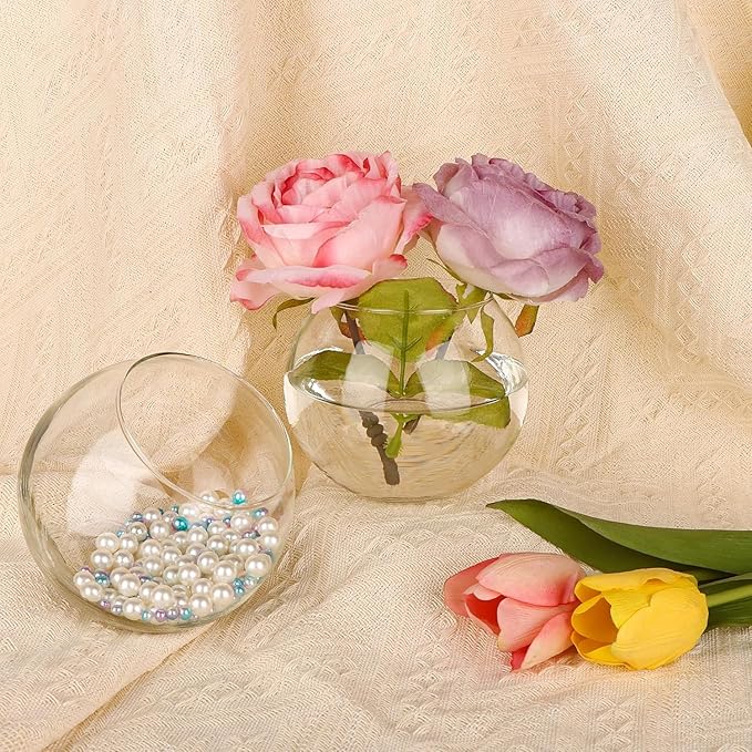 Set of 6 Clear Glass Vases, 4.7” W x 3.5” H, Round Candle Holders, Bubble Bowl, Flower Vases with Sponge Brush, Decorative Centerpieces for Wedding Home Decor