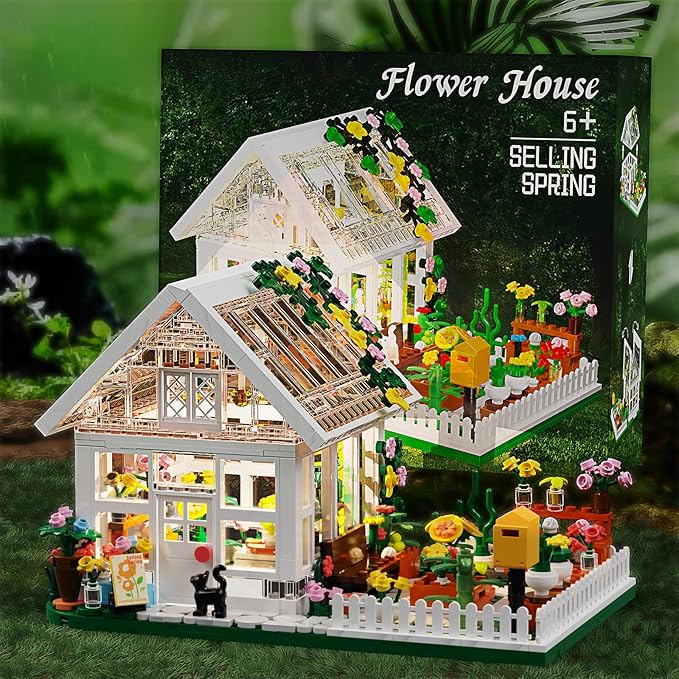 LEGPS YYDS Flower House Building Mini Set with LED, City Street View Greenhouse Building Blocks Toy, Valentine Xmas Gift for Friends or Girls 8-12 Year