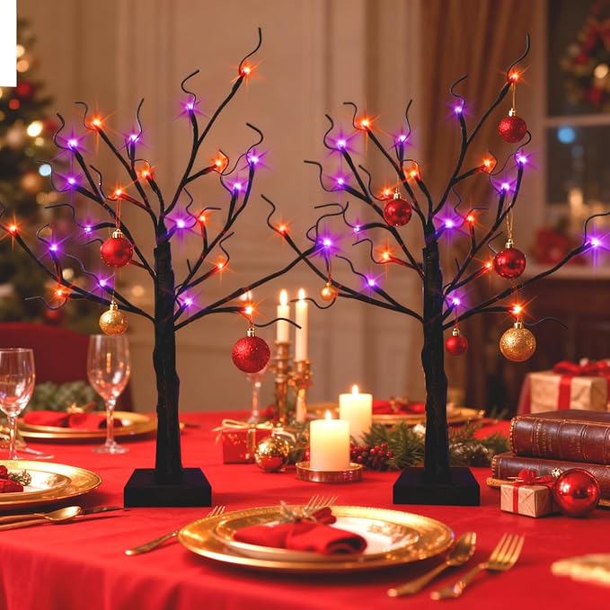 HipTree 2-Pack Lighted Halloween Christmas Fall Tree Decorations Indoor, 2ft Black Birch Tree with LED Lights, Small Tabletop Christmas tree with lights, Warm White Battery- Powered Fairy Light Spirit