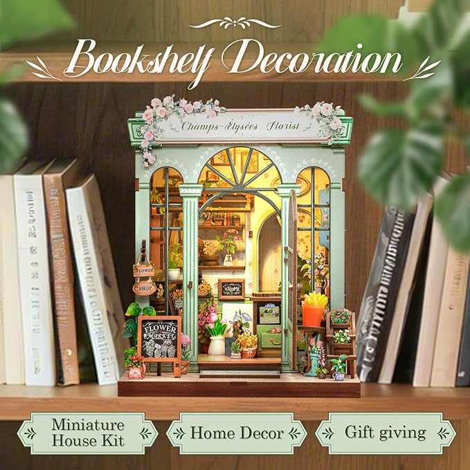 CUTEBEE Book Nook Kit - DIY Miniature House Dollhouse Kit for Adults and Teens, Booknook Tiny House Bookshelf 3D Wooden Puzzle, Gifts for Family (Champs-Élysées Florist)
