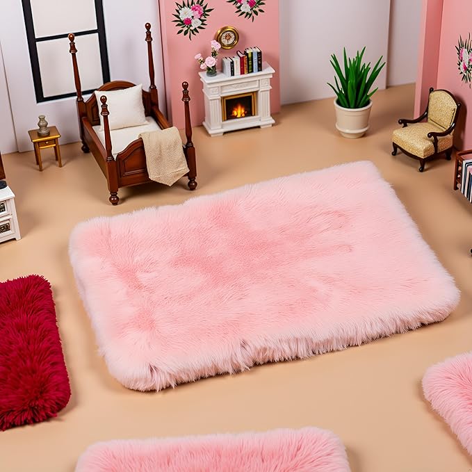 Pink Dollhouse Carpet, Dollhouse Miniature Carpet, Fluffy Mini Dollhouse Rug, Doll House Rug, Lightweight Dollhouse Decor for 1/12, 1/8, 1/6 (Square S)