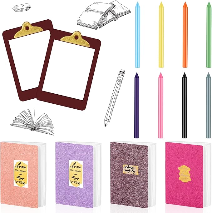 Sumind 4 Pieces Miniature Books with 8 Pcs Pencils and 2 Pcs Clipboards Mini House Decoration Accessories Coloring House Play Set for Miniature Room, DIY Crafting(Novel Style)