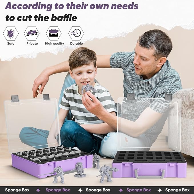 Miniature Storage Carrying Figure Case - 50 Slot Figurine Minature Carrying Case with 2 Foam Layer for Miniatures Compatible with 40k, DND & More (Purple)