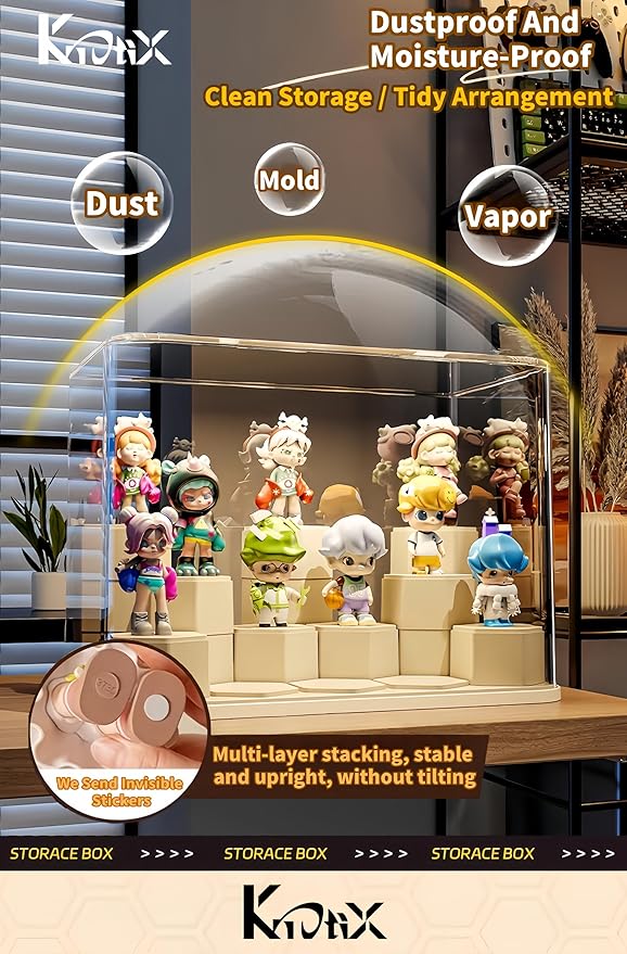 DIY Stackable Transparent Display Case for Figures, Dustproof Acrylic Display Boxes with 24 Movable Hexagonal Blocks, Large Capacity for Pop Mart, Lego, Collectibles (Cream)