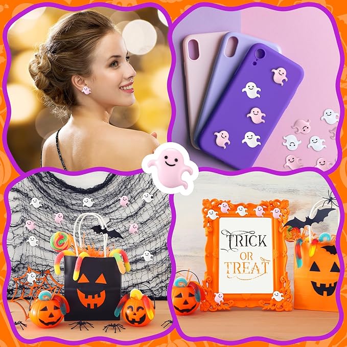 Giegxin 60 Pcs Halloween Miniatures Ghost Charms Flatback Mini Ghost Decoration Small Artificial Halloween DIY Craft for Party Dollhouse Hair Clips Vase Fillers Accessories(Pink,1.1 Inch)