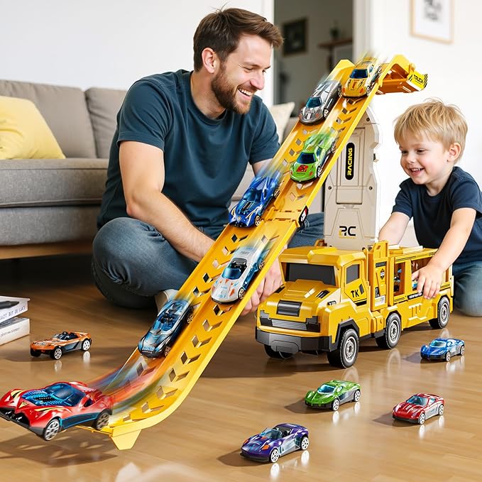 Toddler Car Truck Toys for 3 4 5 6 7 8 Years Old Boys, Transporter Truck Toy Track Set with 12 Die-Cast Car Toys, Toy Gifts for 3 4 5 6 Year Old Boys Kids