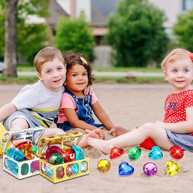 MARFOREVER 12 Pcs Large Dive Gems, Big Colorful Diamond Gems for Kids with 2 Pirate Treasure Chest Boxes Mesh Bag Underwater Pool Sinking Gems Crystal for Boys Girls Swimming Beach Bathroom Water Toys