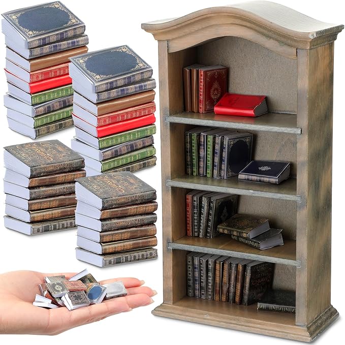 Poen 27 Pcs 1: 12 Scale Miniatures Dollhouse Books and a Wooden Bookcase 4 Floors Dollhouse Bookshelf Decoration Accessories for House Bedroom, Vintage Color