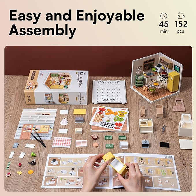 Rolife DIY Miniature Plastic House Building Set Toys Playset with LED Suitable for Mini Figures Construction Toys Diorama Kit Gifts for Teens Adults (Happy Meals Kitchen)