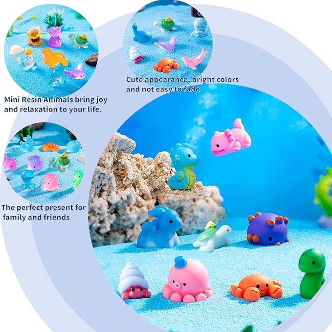 40 Pcs Luminous Mini Resin Ocean Animals Turtle Axolotl Manta Ray for Aquarium Decor Fish Tank Garden Miniatures High-Gloss Resin Crafts Birthday Cake Topper