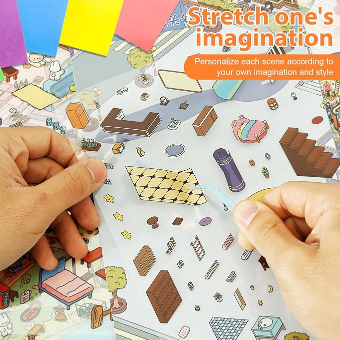 DIY 3D Sticker Scene, 10 Sets Fun DIY 3D House Stickers, Make Your Own Mini Room Scenes, Cute Cartoon 3D Miniature Scene Stickers Book, 3D Sticker Therapy for Adults Kids Relief Stress Pass The Time