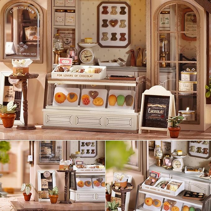 TuKIIE DIY Miniature House Kit with Furniture, 1:24 Scale Creative Room Mini Wooden Christmas Dollhouse Book Nook Plus Dust Proof & Music Movement for Kids Teens Adults(Leisurely Bakery)