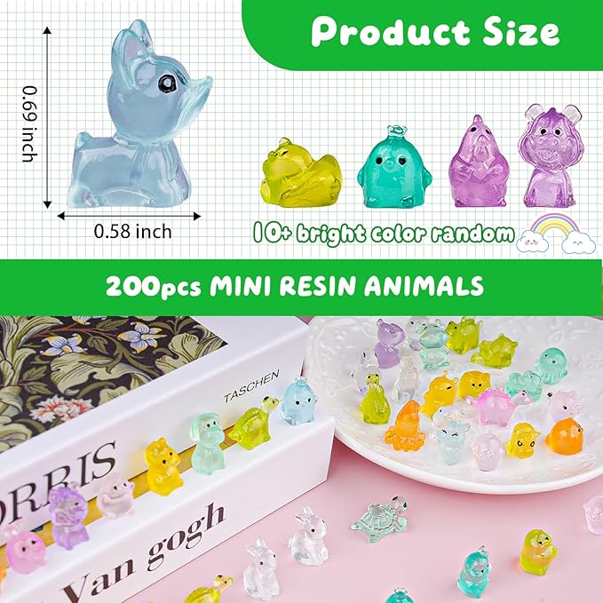 200Pcs Luminous Mini Resin Animals to Hide Tiny Creatures Glow in The Dark for Miniature Fairy Garden Decor Accessories Micro Landscape Aquarium Duck Dinosaur Rabbit Flamingo Owls Marine