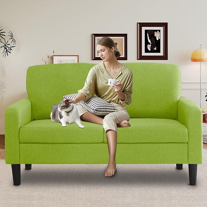 asunflower Small Loveseat 52Inch Small Space Couch Comfy Linen Fabric Love Seats, 2 Seater Sofa Office Couch Tool-Free Assembly for Bedroom,Drom Room,Kid's Room,Green