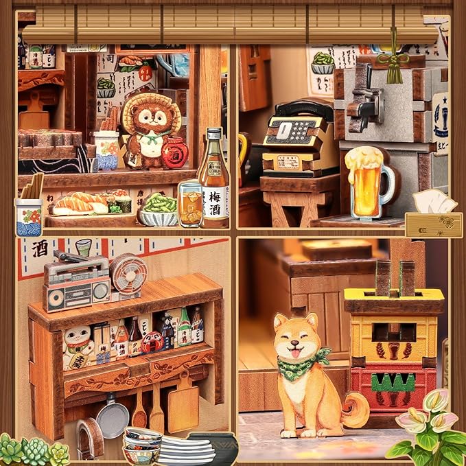 Fsolis Japanese Book Nook Kit - DIY Bookshelf Miniature Dollhouse Kit for Adults, Mini House Tiny 3D Puzzles Adult Craft Gifts for Women Teenagers Book Lovers (Izaka-ya Kurosawa)