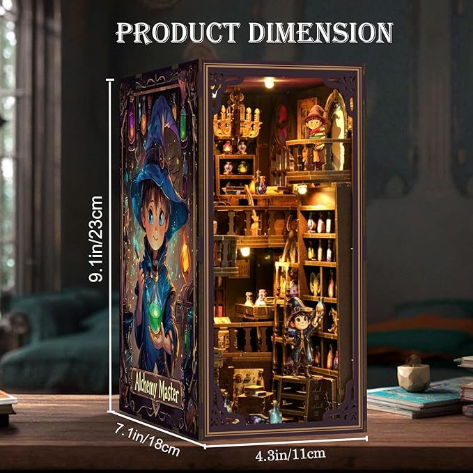 Book Nook Kit for Adults, DIY Miniature House Kit 3D Printed Booknook Wooden Puzzle Dollhouse Bookshelf Insert Decor DIY Craft Gift Model Build with LED Light for Book Lovers - Alchemy Master