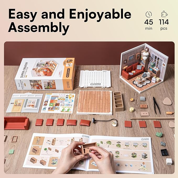 ROBOTIME DIY Miniature House Kit Mini Dollhouse with Accessories Building Toy Set Tiny Room Making Kit with LED Light Hobby Unique Gifts (Cozy Living Lounge)