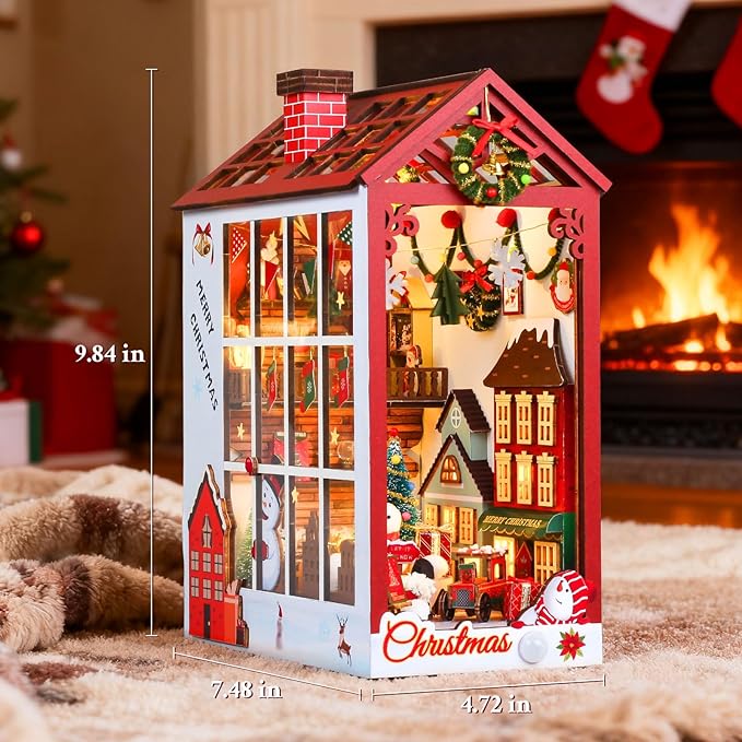 Christmas Book Nook Kit, DIY Dollhouse with Sensor Led Light, Wooden Puzzles, Exclusive, for 14+ Teens and Adults Building
