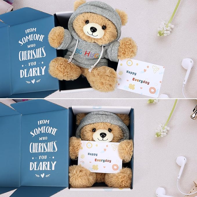 Big Hugs Teddy Bear Stuffed Animal with Gift Box Removable Hoodie for Comfort and Love, for Kids, Women & Men in Tough Time, Get Well Soon Gifts Basket with Beautiful Gift Greeting Card