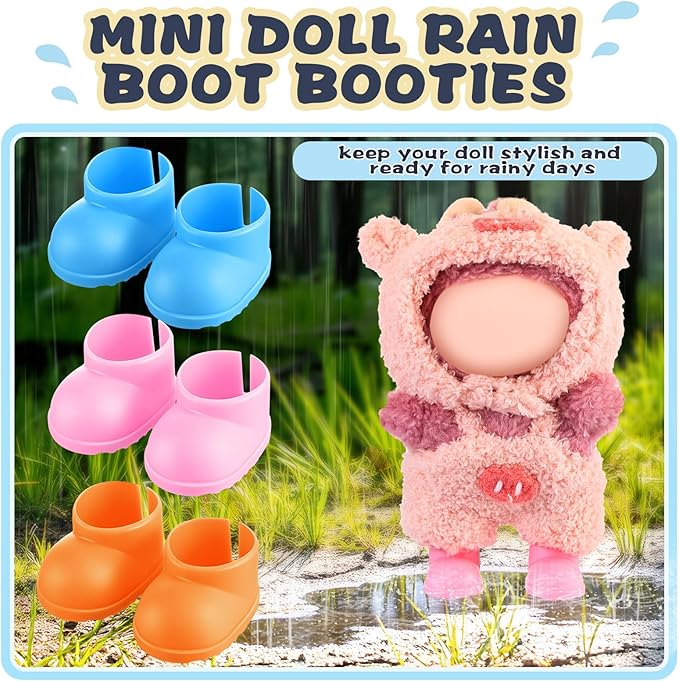 3 Pairs Cute Doll Shoes for 17cm Dolls Mini Rain Boots Fit Perfectly on 15cm/17cm Standing Sitting Series Multi Color Plastic Boots Cute Clothes Accessories (Pink Blue Orange)