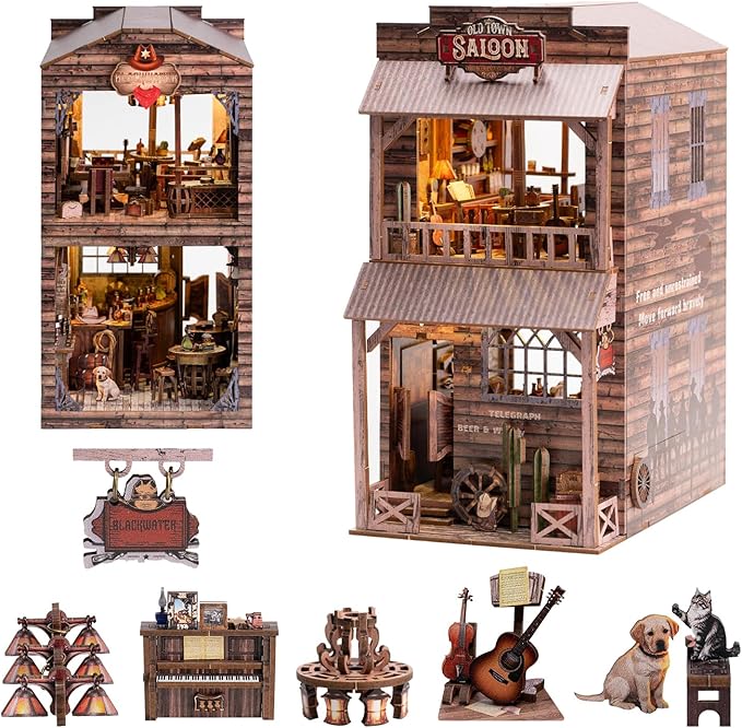 Book Nook Kit - DIY Miniature House & Dollhouse Alley Model Kit, Puzzle Bookshelf Library Decor with LED Light, Craft Gift for Adults, Teens, and Family(Old Town Saloon)