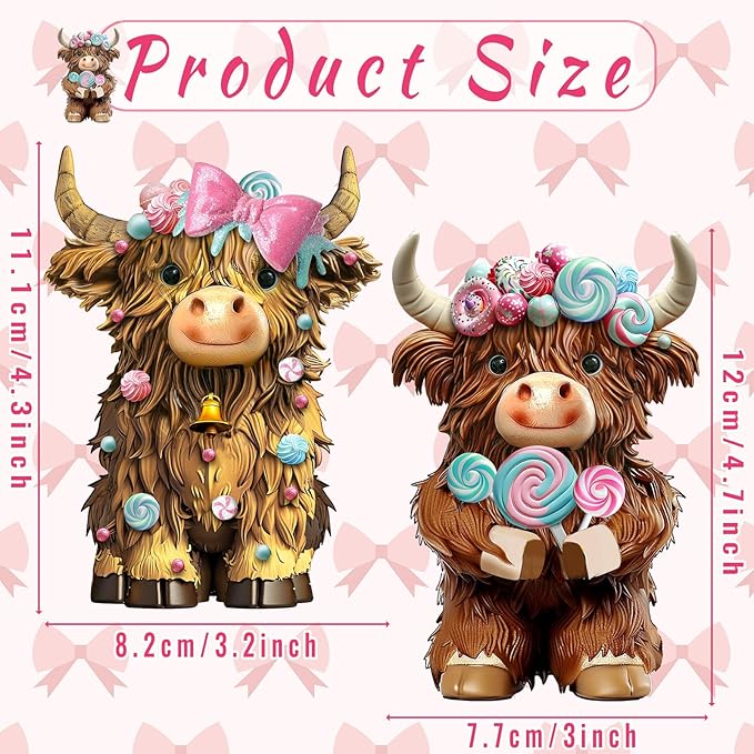 Burbell 2 Pack Highland Cow Resin Figurine Decor Macarons Candy Theme Highland Cow Gnomes with Candy Resin Statue for Birthday Themed Party Garden Table Shelf Kitchen Home Bathroom Decor Gifts