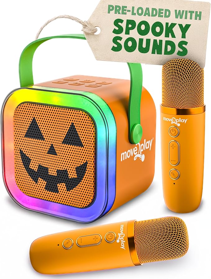 Move2Play, Halloween Karaoke Machine | Spooky Soundtrack & Voice Effects | Includes 2 Microphones | Bluetooth Wireless Music Player | Indoor & Outdoor Halloween Decoration for Kids & Adults