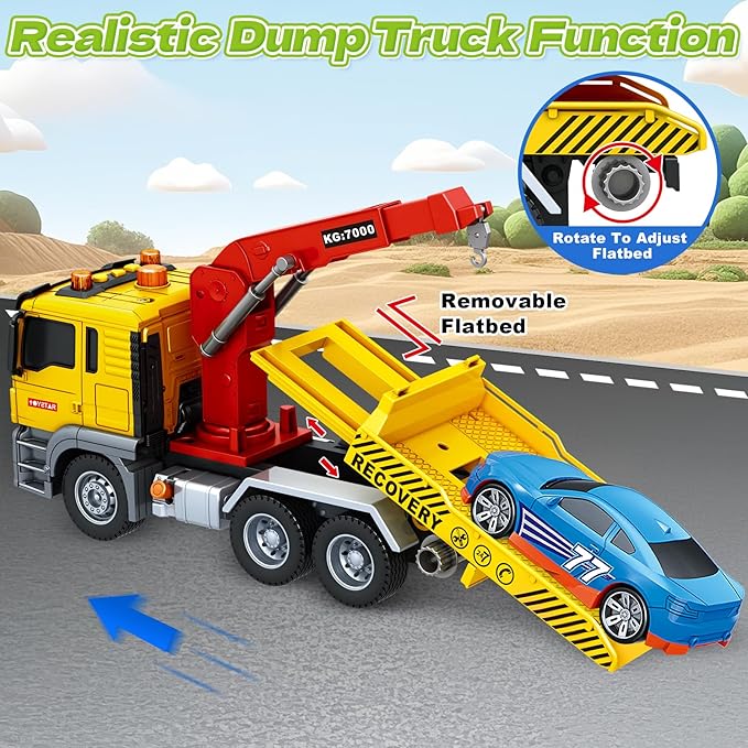 Kids Toys for 3 4 5 6 7 Years Old Boys, Large Tow Truck Toy, Friction Powered Transport Truck Crane Vehicle Toy with Lights and Sounds, Racing Car, Birthday Gifts for Boys Girls